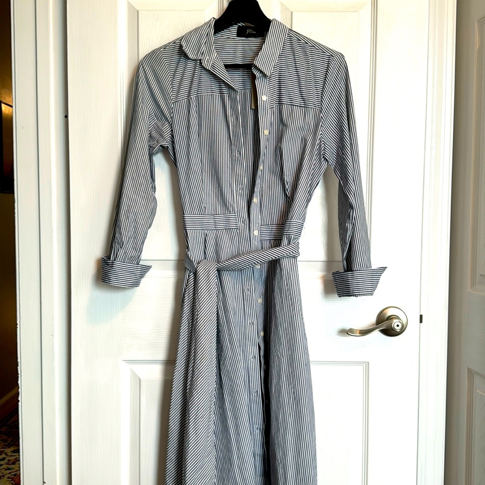 Navy blue & white striped J Crew collared shirt dress